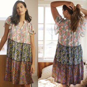 By Anthropologie Penrose Floral Patchwork Tiered Tunic Dress
